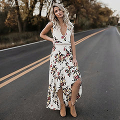 Sexy Backless Asymmetrical Lace Maxi Dress Women Summer Floral Flowy Deep V Neck Dresses