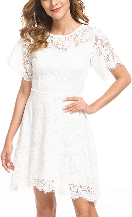 Royal Women's Elegant Round Neck Short Sleeve A-Line Lace Dress - ALLANDWELL | Women's Cocktail Dresses