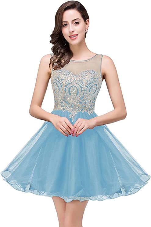 Sky Blue Women's Cocktail Dresses Crystals Applique Short Prom Dresses - MisShow | Women's Cocktail Dresses