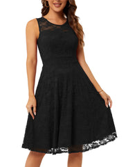 Black Sleeveless Ladies Vintage Floral Cocktail Party Wedding Guest A Line Lace Dresses - JASAMBAC