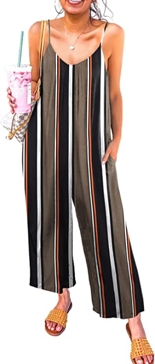 Brown Pattren Women's Casual Sleeveless Front Button Loose Jumpsuits Stretchy Long Pants Romper with Pockets - Happy Sailed | Women's Romper & Jumper Suit