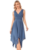 Denim Blue Ladies Double V Neck Empire Waist Midi Asymmetrial Hem Short Evening Party Dresses - Ever-Pretty