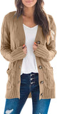 Khaki Women's Long Sleeve Cable Knit Sweater Open Front Cardigan Button Loose Outerwear - MEROKEETY | Women's Cardigan