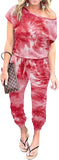 Tie Dye-red Women's Loose Solid Off Shoulder Elastic Waist Stretchy Long Romper Jumpsuit - PRETTYGARDEN | Women's Romper & Jumper Suit