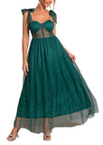 Dark Green Frock Women's Solid Mesh Spaghetti Strap Sequin Cross Back Elegant Evening Party Dress - Fuedage | Women's Formal Dresses