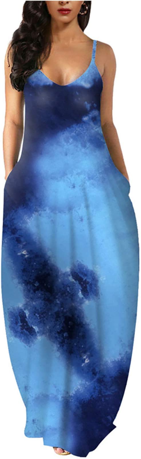 Tie Dye Blue Womens Casual Sleeveless Plus Size Loose Plain Long Maxi Dress with Pockets - Wolddress | Women's Casual Dresses