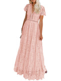 Pink Women's V Neck Short Sleeve Floral Lace Wedding Dress Bridesmaid Cocktail Party Maxi Dress - MEROKEETY | Women's Formal Dresses