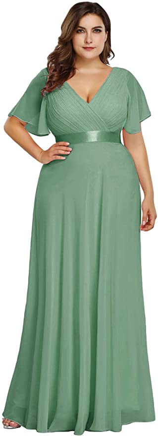 Light Green Women's Plus Size Double V-Neck Evening Party Maxi Dress - Ever-Pretty | Women's Formal Dresses