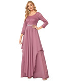 Women's Maxi A-Line Chiffon Long Sleeve Lace Formal Evening Party Dress  - Sara Clothes