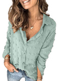 Light Blue Women Pompom Button Down Shirt Casual Blouse Top - Astylish | Women's Tops and Blouses