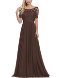 Coffee Women's Long Mother of The Bride Dresses with Sleeves Bateau Neck Beaded Chiffon Maxi Lace Formal Evening Gowns - Lover Kiss | Women's Formal Dresses