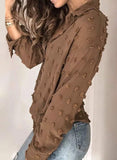Khaki Women Pompom Button Down Shirt Casual Blouse Top - Astylish | Women's Tops and Blouses
