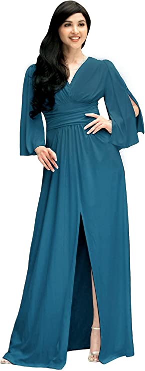 Blue Teal Womens Long Bridesmaid Cocktail Evening Short Sleeve Maxi Dress Gown - KOH KOH | Women's Cocktail Dresses