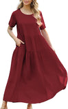 Wine Red Women Casual Loose Bohemian Floral Dress with Pockets Short Sleeve Long Maxi Summer Beach Swing Dress - Yesno | Women's Casual Dresses