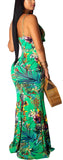 Green Women's Summer Floral Spaghetti Strap Maxi Dresses Sexy V-Neck Beach Boho Tropical Long Sundress - HannahZone | Women's Casual Dresses