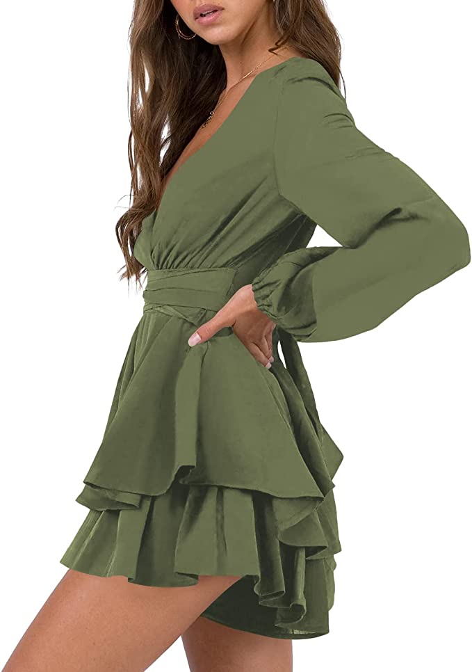 Army Green Womens Sexy V Neck Long Baggy Sleeve Tie Waist Ruffle Hem Flowy Swing Mini Short Wrap Dress - Nova In Sky | Women's Casual Dresses