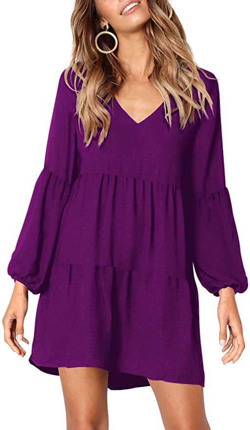 Purple Long Sleeve Women Summer Tunic Dress V Neck Casual Loose Flowy Swing Shift Dresses - Amoretu | Women's Casual Dresses