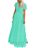 Turquoise Women's V Neck Short Sleeve Floral Lace Wedding Dress Bridesmaid Cocktail Party Maxi Dress - MEROKEETY | Women's Formal Dresses