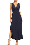 Navy Blue Women Sleeveless Deep V Neck Pocket Loose Long Dress Split Maxi Casual Dresses - WOOSEA | Women's Cocktail Dresses