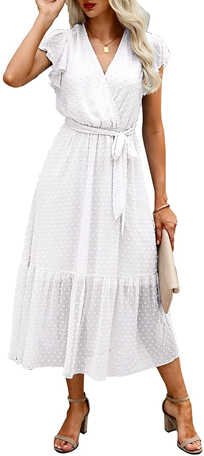 Swiss Dot Wine Red Women Summer Bohemian Floral Casual Wrap V Neck Ruffle Cap Sleeveless Belt A-Line Pleated Hem Swing Midi Sun Dress - BTFBM | Women's Casual Dresses