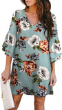 Lake Blue Peony Women's Dress Sweet & Cute V-Neck Bell Sleeve Shift Dress Mini Dress - BELONGSCI | Women's Casual Dresses