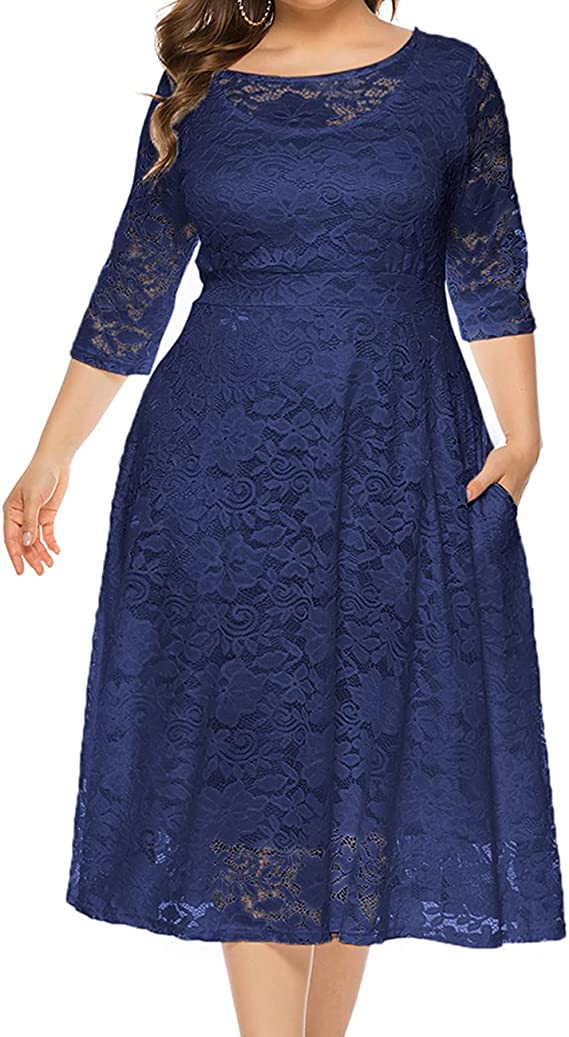 Navy Blue Women Plus Size Floral Lace Sleeve Party Wedding Cocktail Swing Midi Dress with Pockets - Lrady | Women's Cocktail Dresses