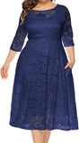 Navy Blue Women Plus Size Floral Lace Sleeve Party Wedding Cocktail Swing Midi Dress with Pockets - Lrady | Women's Cocktail Dresses