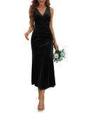 Black Tank Dress Women's V Neck Wrap Long Sleeve Elegant Mermaid Velvet Cocktail Maxi Dress Evening Party - ZABERRY | Women's Formal Dresses