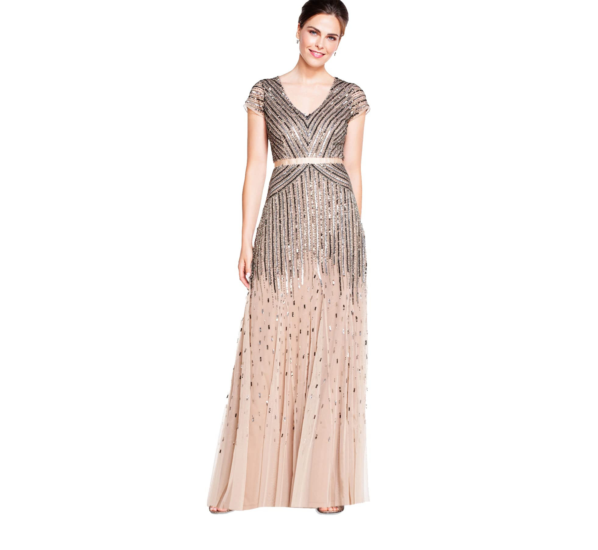 Nude Women s Long Beaded V Neck Dress with Cap Sleeves and