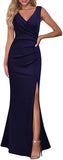 Navy-blue Women Sleeveless V Neck Split Evening Cocktail Long Dress - Woosea | Women's Formal Dresses