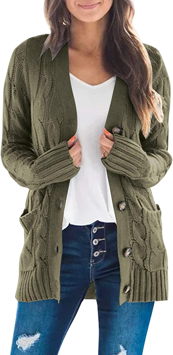 Army Green Women's Long Sleeve Cable Knit Sweater Open Front Cardigan Button Loose Outerwear - MEROKEETY | Women's Cardigan