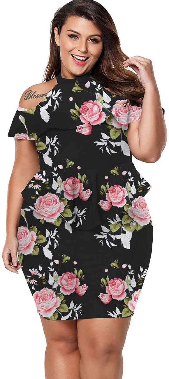 Flower Pink Rose Women's Plus Size Cold Shoulder Peplum Dress Bodycon Party Dress - Lalagen | Women's Formal Dresses