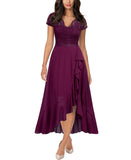 Magenta Women's V Neck Elegant Lace Ruffle Bridesmaid Maxi Dress - Miusol | Women's Formal Dresses