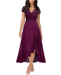 Magenta Women's V Neck Elegant Lace Ruffle Bridesmaid Maxi Dress - Miusol