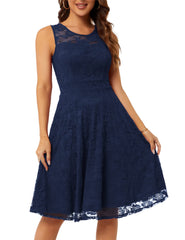 Navy Sleeveless Ladies Vintage Floral Cocktail Party Wedding Guest A Line Lace Dresses - JASAMBAC