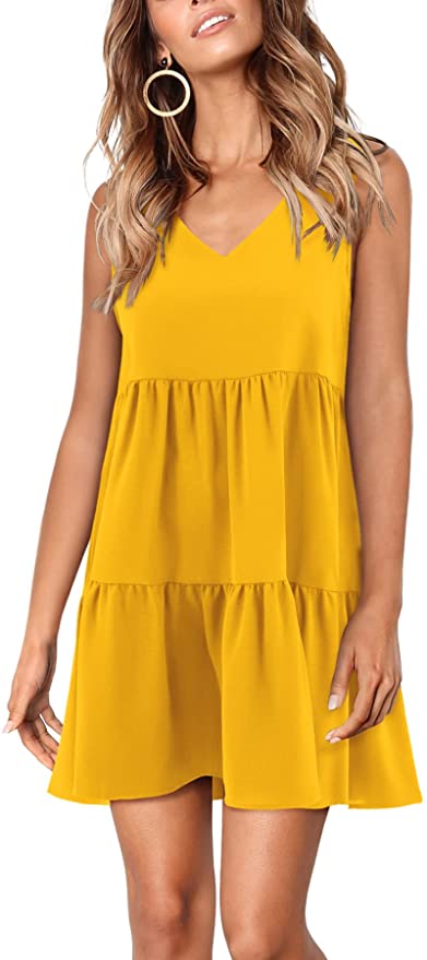 Yellow Short Sleeve Women Summer Tunic Dress V Neck Casual Loose Flowy Swing Shift Dresses - Amoretu | Women's Casual Dresses