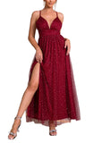 Wine Red Women's Solid Mesh Spaghetti Strap Sequin Cross Back Elegant Evening Party Dress - Fuedage | Women's Formal Dresses