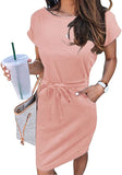Solid Peach Women's Summer Striped Short Sleeve T Shirt Dress Casual Tie Waist Midi Dress - MEROKEETY | Women's Casual Dresses