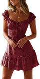 Wine Red Womens Summer Ruffle Sleeve Sweetheart Neckline Printing Dress Mini Dress - Yobecho | Women's Casual Dresses