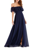 Navy Womens Off The Shoulder Ruffle Party Dresses Side Split Beach Maxi Dress - Ever-Pretty