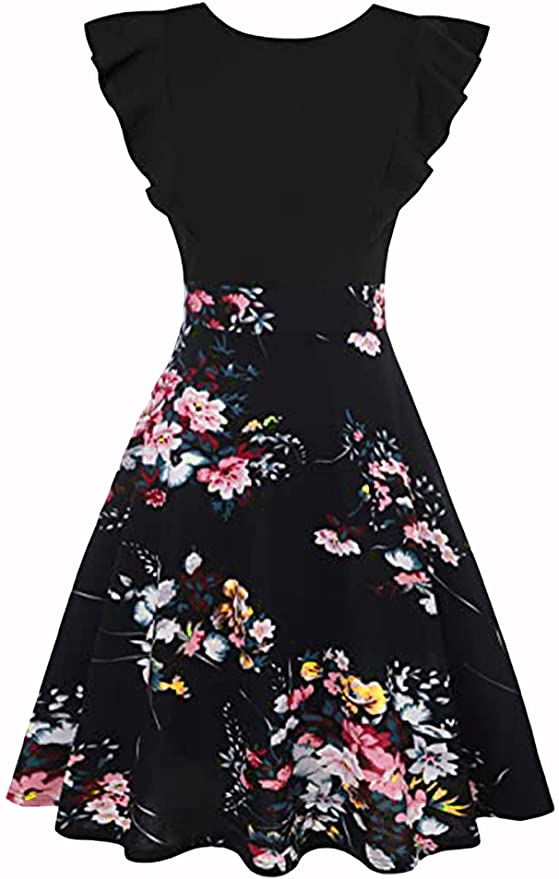 Black Floral Womens Dresses Elegant Ruffles Cap Sleeves Summer A-Line Midi Dress - ECOWISH | Women's Cocktail Dresses