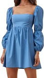 Blue Womens Square Neck Dress Long Puff Sleeve A-Line Casual Short Mini Dress - Exlura | Women's Casual Dresses