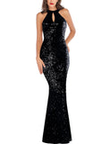 Black Women Evening Party Dress Sequin Sleeveless Dress Halter Neck Maxi Long Dress Formal Party Prom Gowns - A ARFAR | Women's Formal Dresses