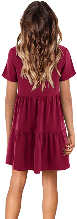 Burgundy Short Sleeve Women Summer Tunic Dress V Neck Casual Loose Flowy Swing Shift Dresses - Amoretu | Women's Casual Dresses