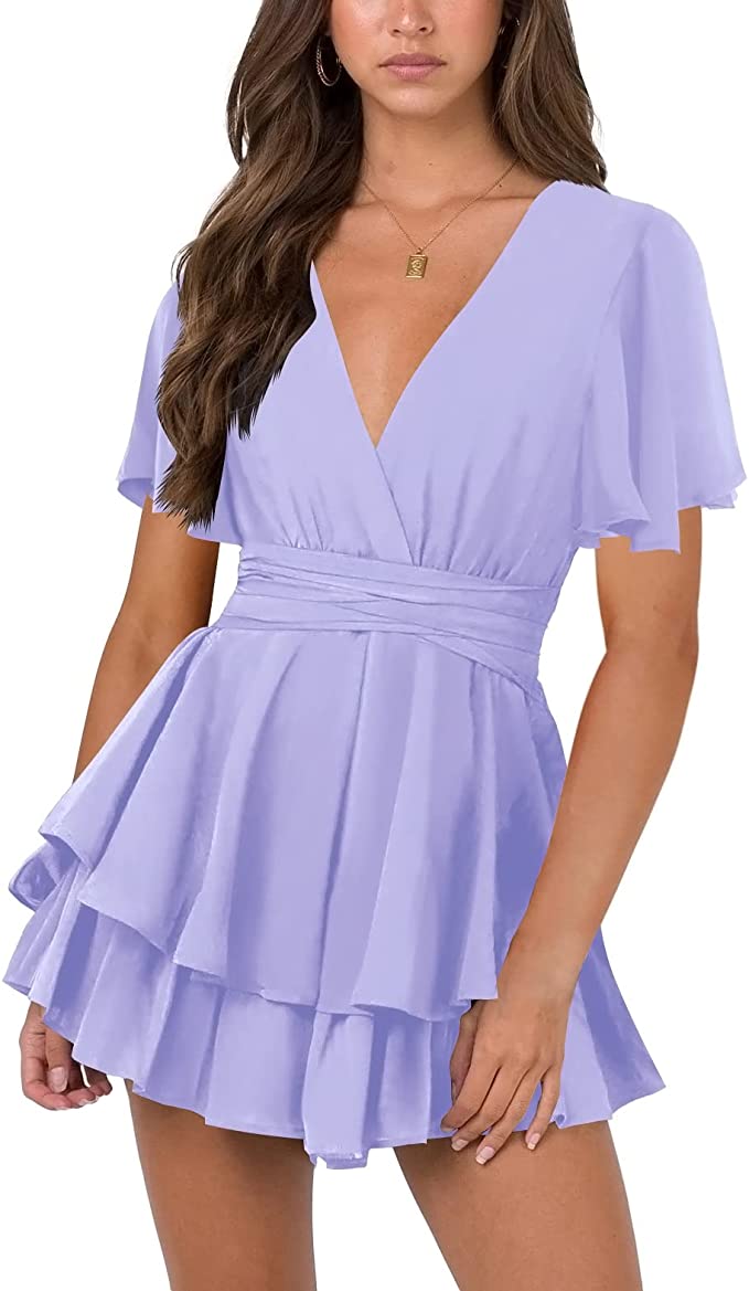 Light Purple Womens Sexy V Neck Long Baggy Sleeve Tie Waist Ruffle Hem Original Brand