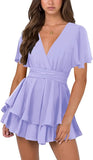 Light Purple Womens Sexy V Neck Long Baggy Sleeve Tie Waist Ruffle Hem Flowy Swing Mini Short Wrap Dress - Nova In Sky | Women's Casual Dresses