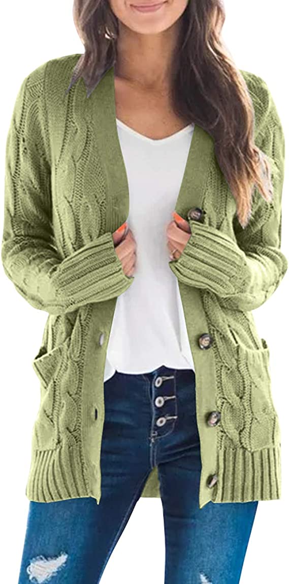 Olive Women s Long Sleeve Cable Knit Sweater Open Front Cardigan Butto Original Brand