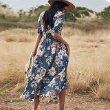 Women's Summer Short Sleeve V-Neck Floral Casual Maxi Long Dress Beach Boho Style