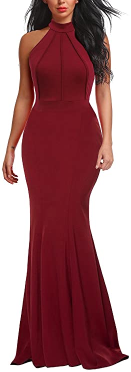 Burgundy Women's Elegant Chic Halter Neck Sleeveless Solid Stretchy Wedding Guest Mermaid Long Evening Dress - Berydress | Women's Formal Dresses