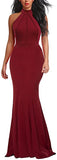 Burgundy Women's Elegant Chic Halter Neck Sleeveless Solid Stretchy Wedding Guest Mermaid Long Evening Dress - Berydress | Women's Formal Dresses